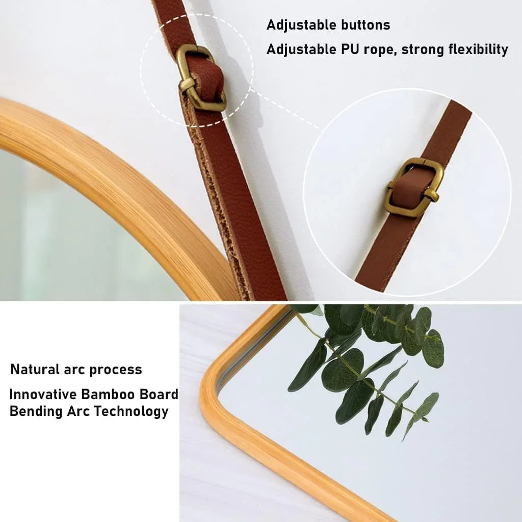 Hanging Wall Mirror with Bamboo Frame with Adjustable Leather Strap for Bathroom, Bedroom, Vanity or Entryway (40x33 cm)