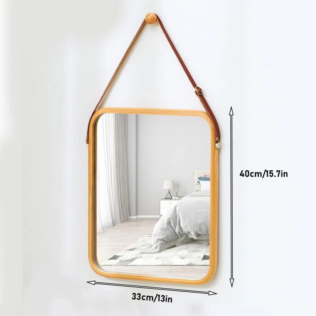 Hanging Wall Mirror with Bamboo Frame with Adjustable Leather Strap for Bathroom, Bedroom, Vanity or Entryway (40x33 cm)