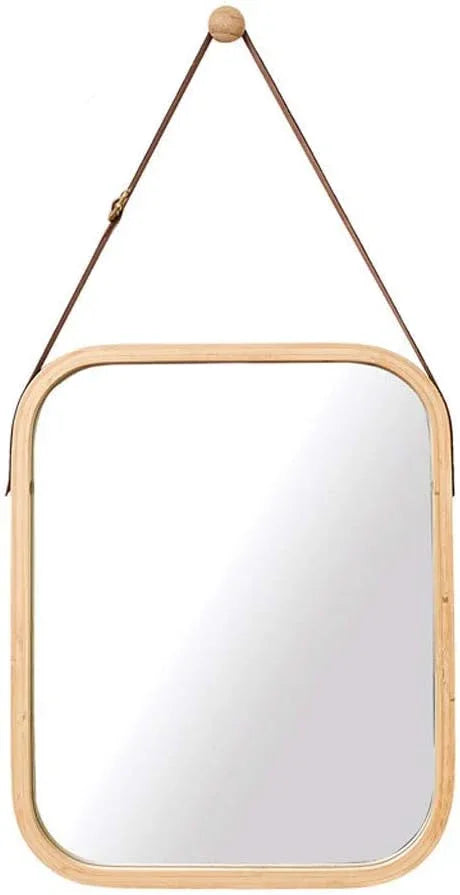 Hanging Wall Mirror with Bamboo Frame with Adjustable Leather Strap for Bathroom, Bedroom, Vanity or Entryway (40x33 cm)