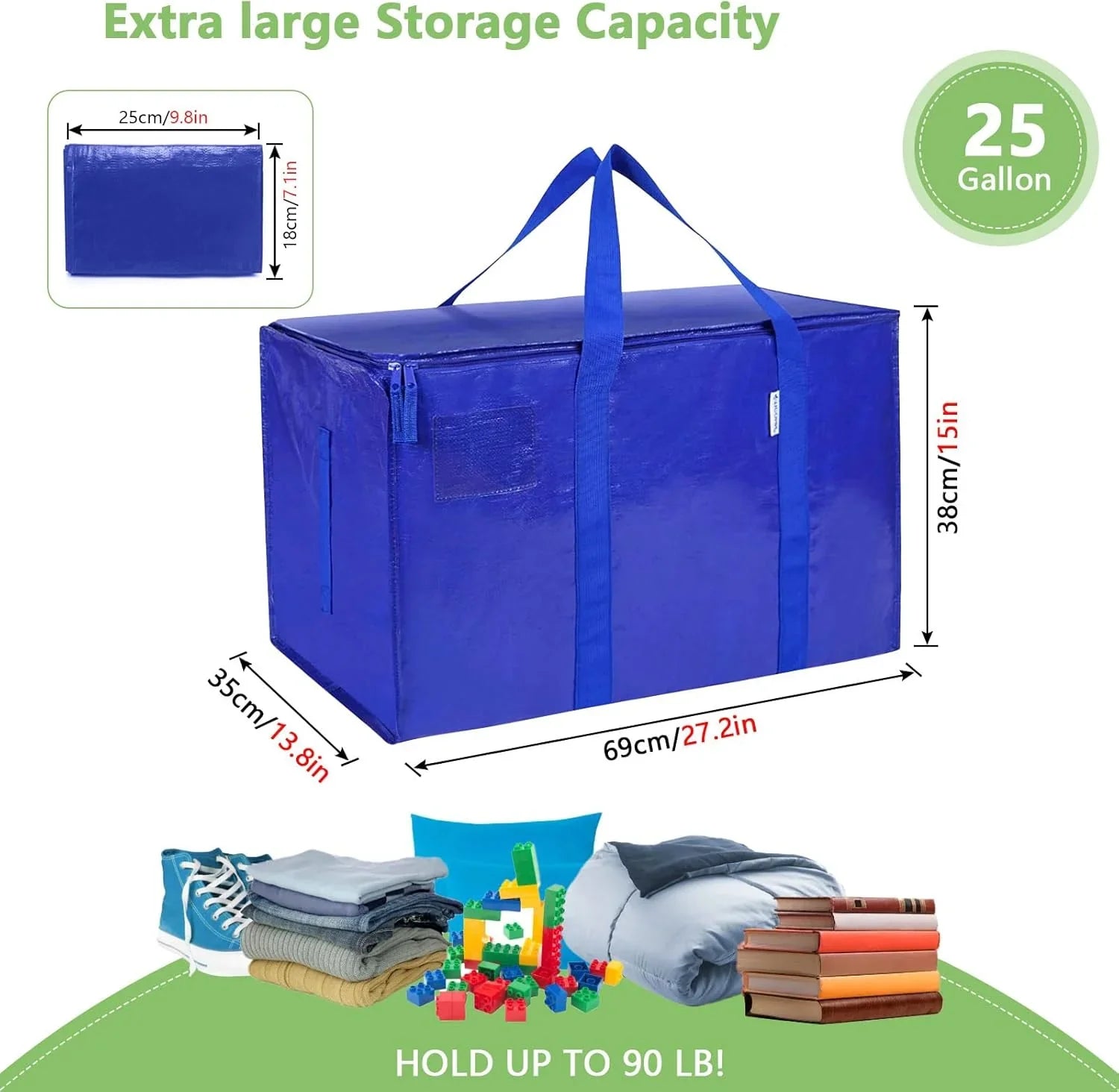6-Pack Large Moving Storage Bags with Zippers & Handles with 95 Liters Capacity for Space Saving, Travel, Camping & Organization (Blue)