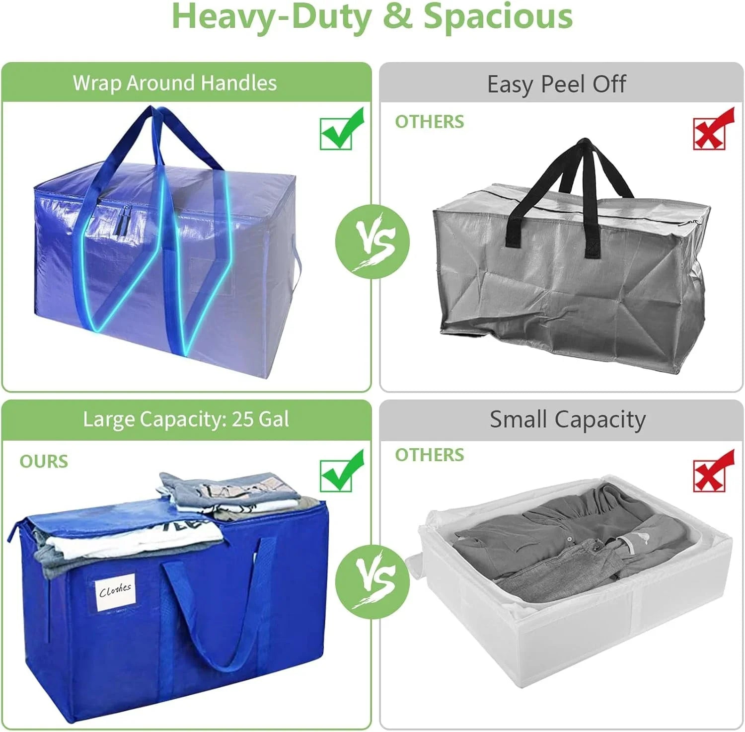 6-Pack Large Moving Storage Bags with Zippers & Handles with 95 Liters Capacity for Space Saving, Travel, Camping & Organization (Blue)