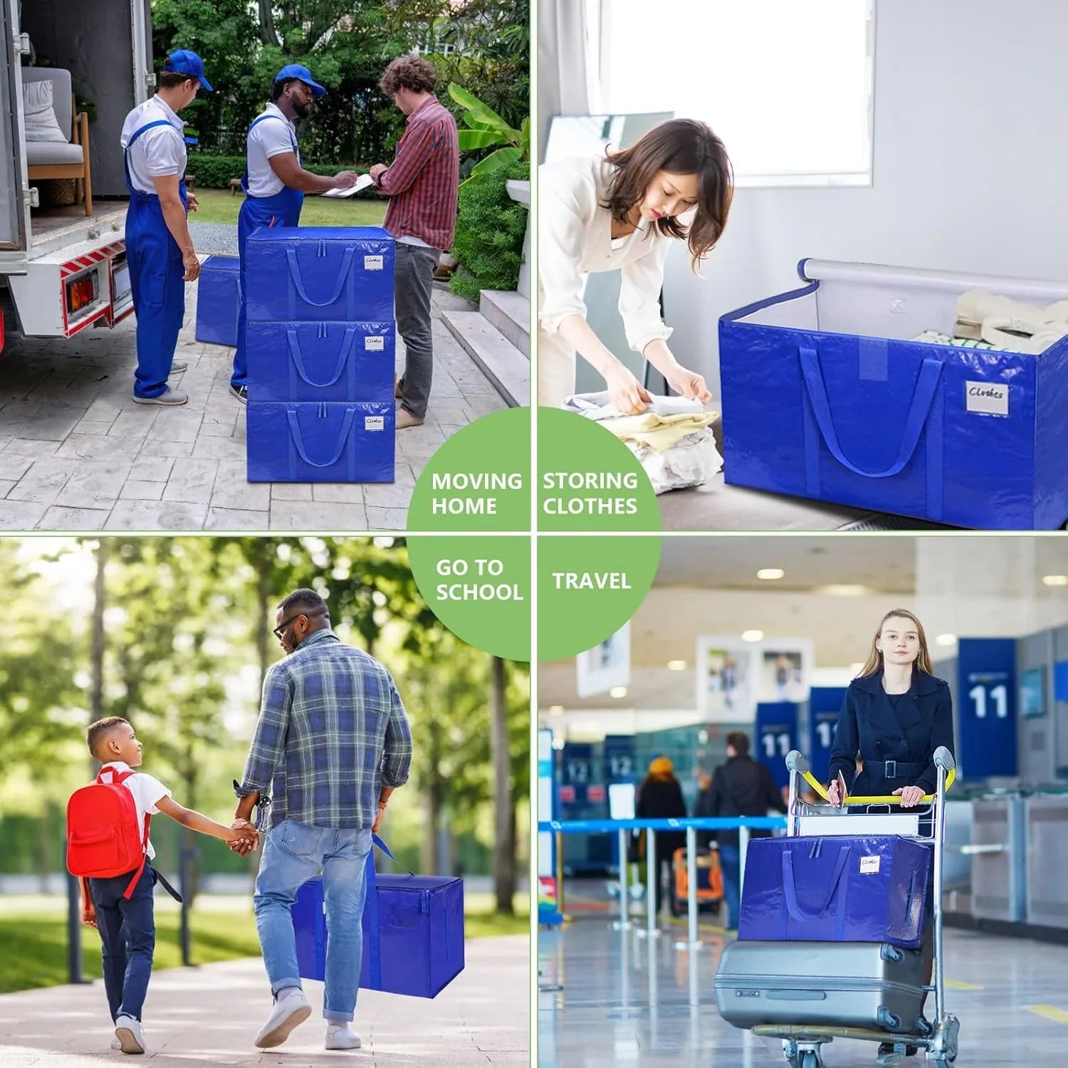 6-Pack Large Moving Storage Bags with Zippers & Handles with 95 Liters Capacity for Space Saving, Travel, Camping & Organization (Blue)