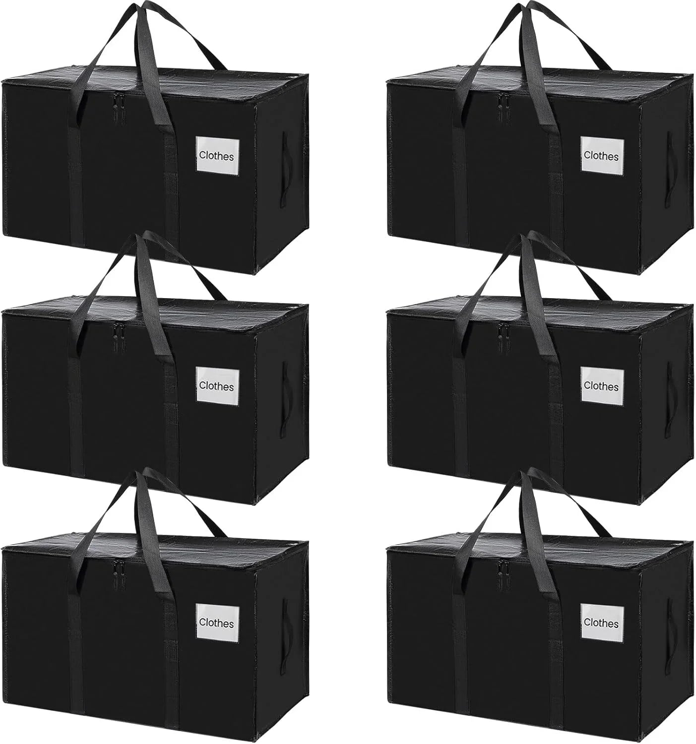 6-Pack Large Moving Storage Bags with Zippers & Handles with 95 Liters Capacity for Space Saving, Travel, Camping & Organization (Black)