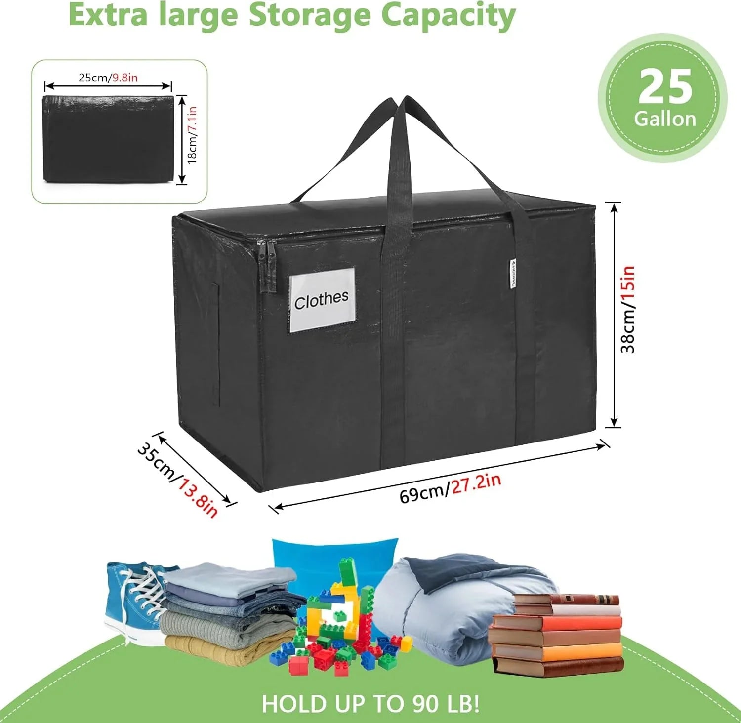 6-Pack Large Moving Storage Bags with Zippers & Handles with 95 Liters Capacity for Space Saving, Travel, Camping & Organization (Black)