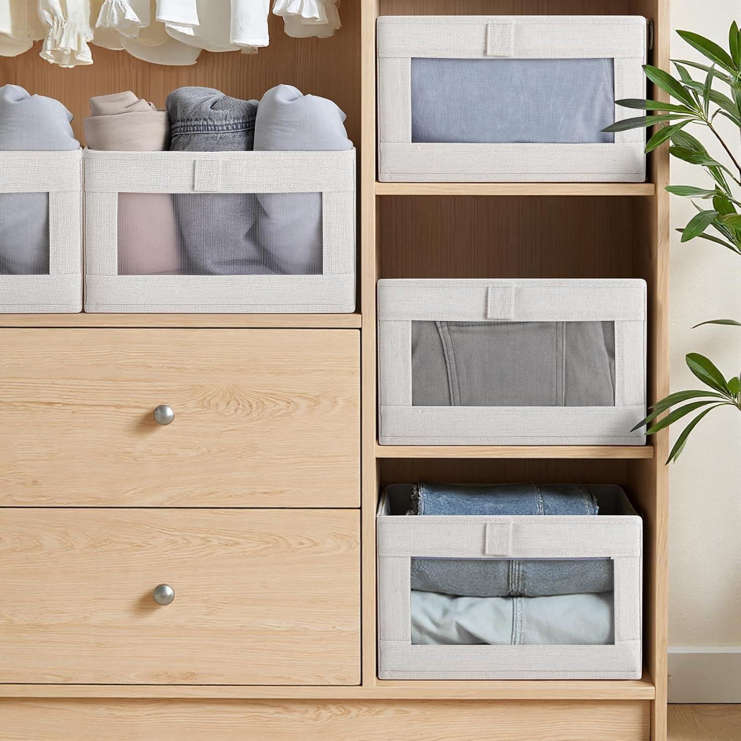 6 Pack Closet Storage Bins with Clear Window for Shelves, Clothes, Toys, Wardrobe & Bedroom Organization