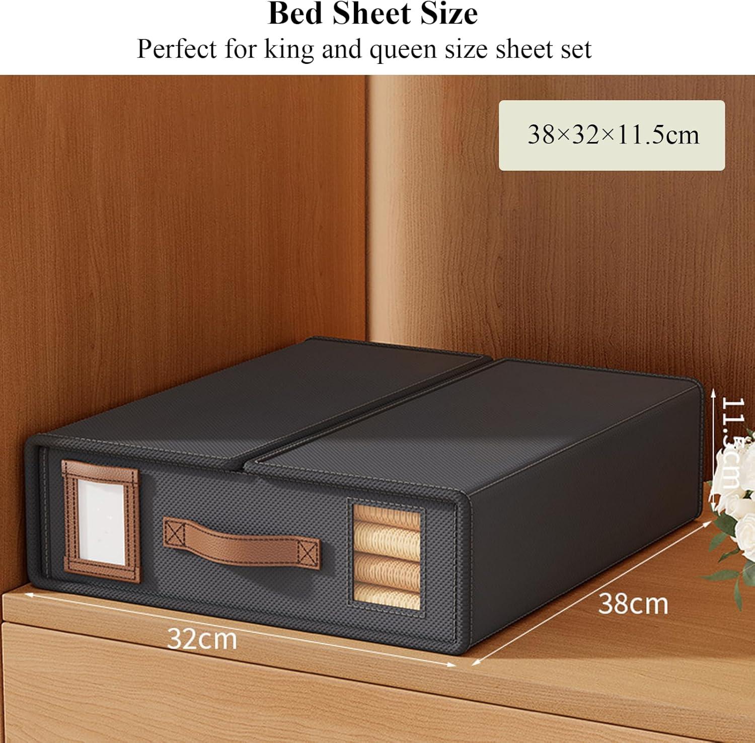Bed Sheet Organizer Set of 4 with Handle & Window for Covers, Pillowcases, Blankets, Clothes & Sheets (Black)