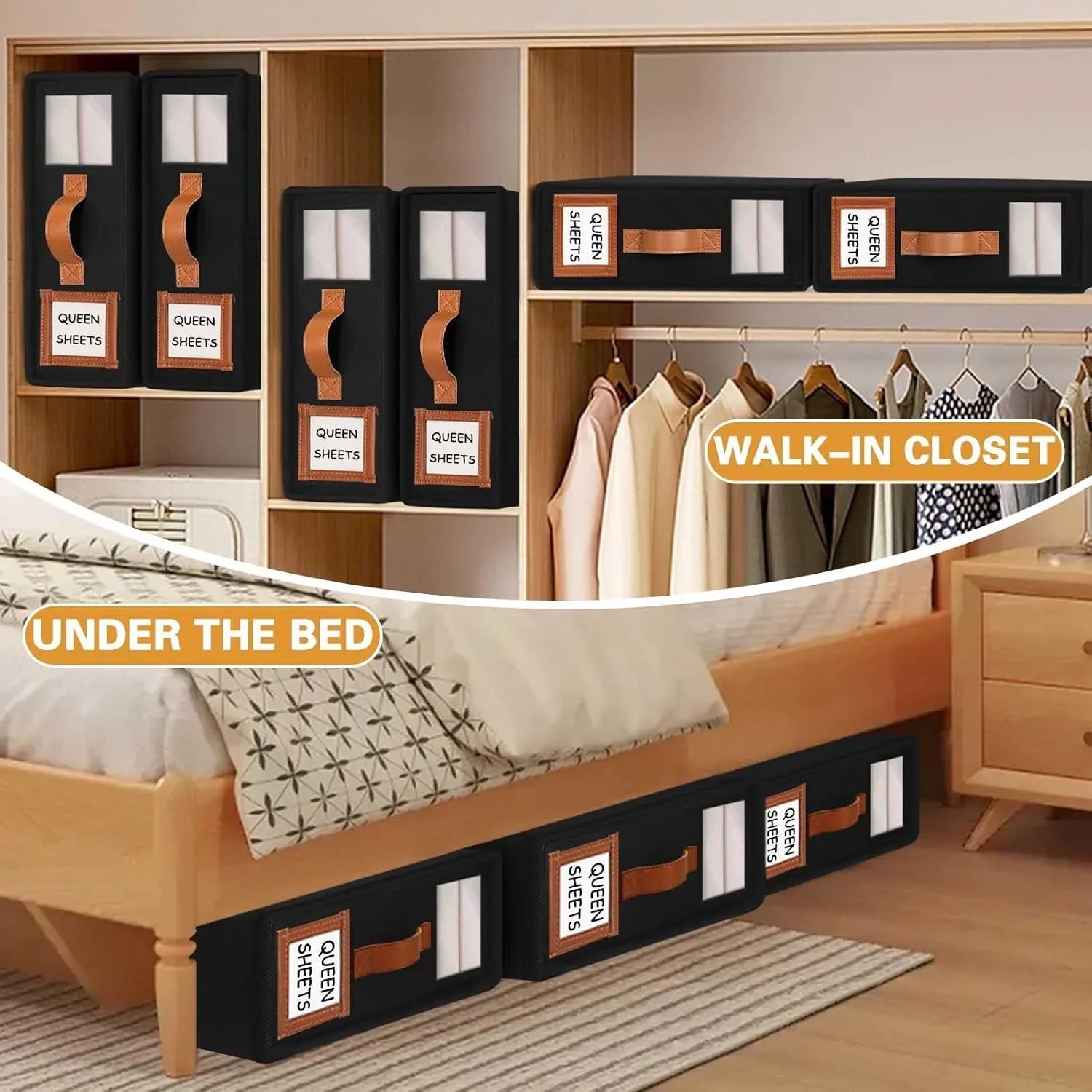 Bed Sheet Organizer Set of 4 with Handle & Window for Covers, Pillowcases, Blankets, Clothes & Sheets (Black)