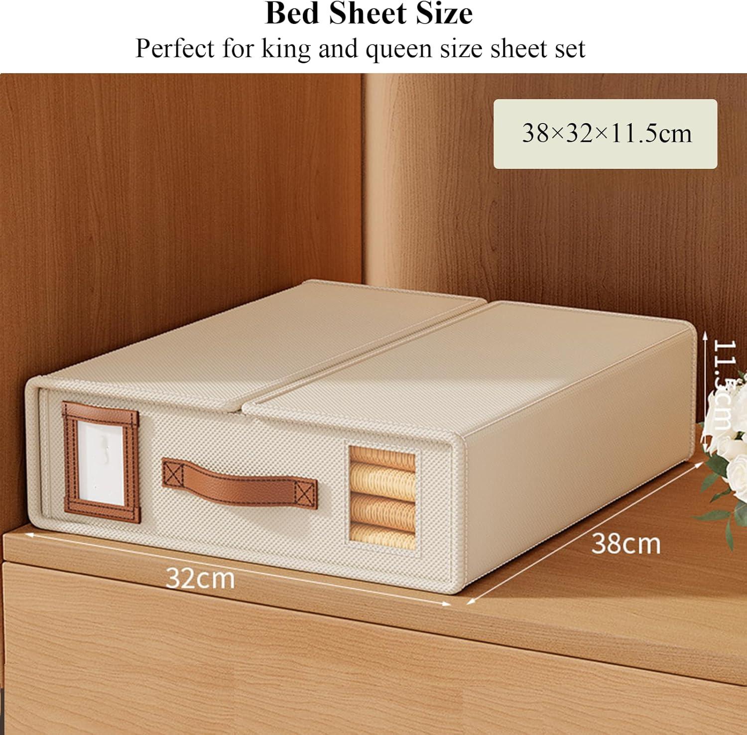 Bed Sheet Organizer Set of 4 with Handle & Window for Covers, Pillowcases, Blankets, Clothes & Sheets (Beige)
