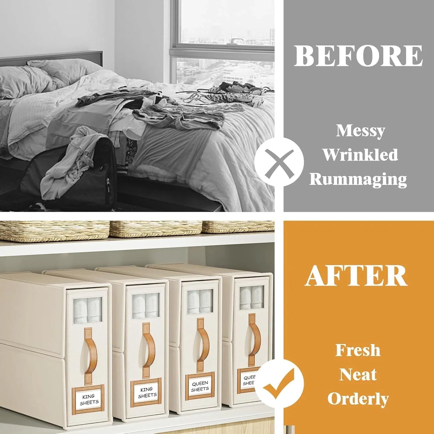 Bed Sheet Organizer Set of 4 with Handle & Window for Covers, Pillowcases, Blankets, Clothes & Sheets (Beige)