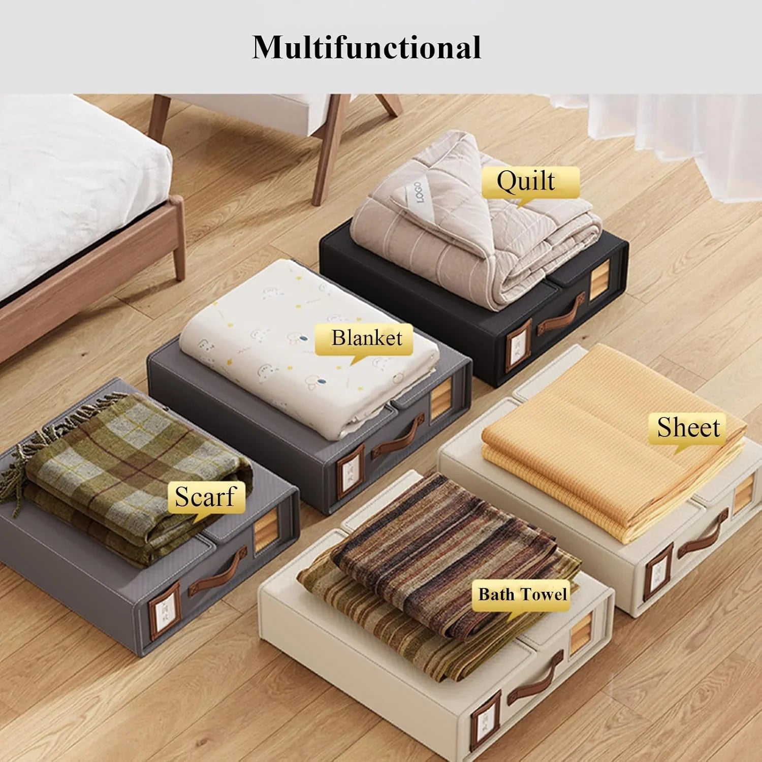 Bed Sheet Organizer Set of 4 with Handle & Window for Covers, Pillowcases, Blankets, Clothes & Sheets (Beige)