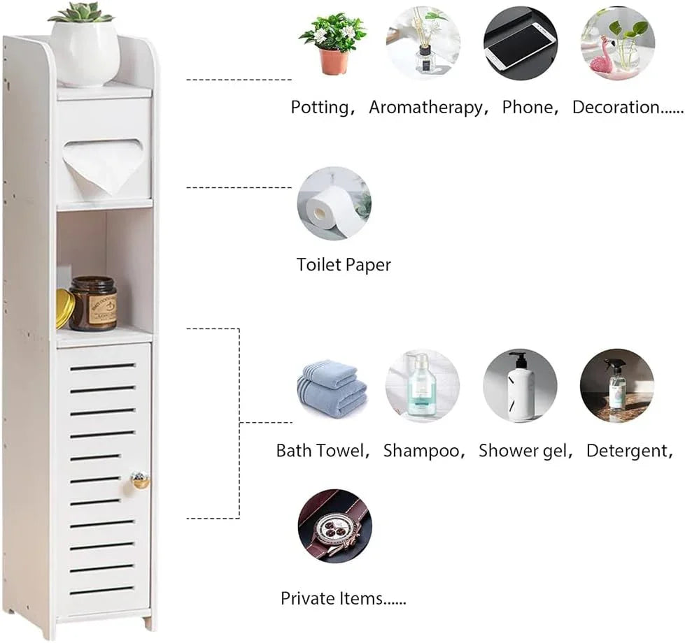 Slim Bathroom Cabinet with Toilet Paper Holder for Toilet or Laundry Room