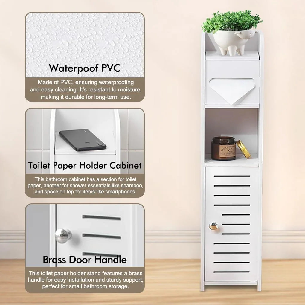 Slim Bathroom Cabinet with Toilet Paper Holder for Toilet or Laundry Room