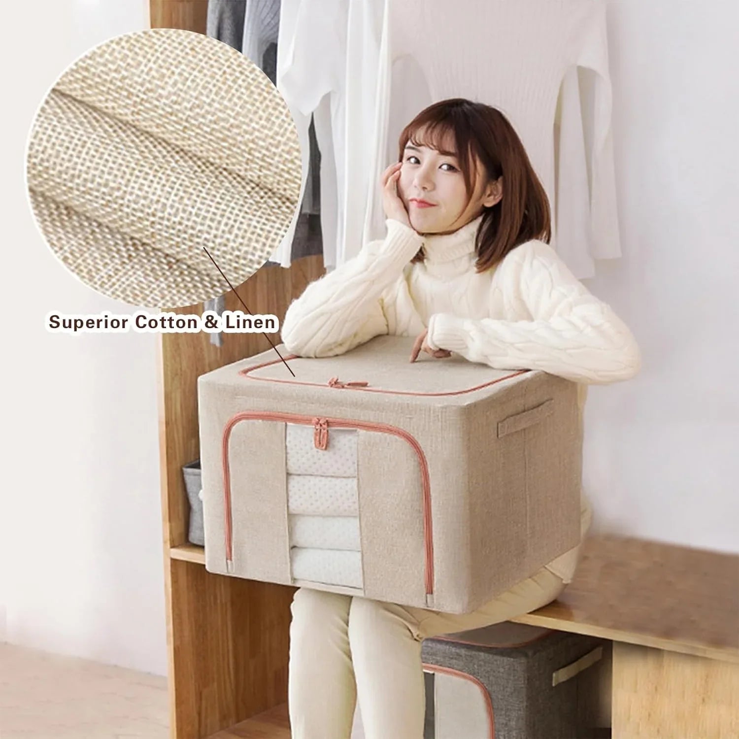 3 pack Large Clothes Storage Bins with Lids for Clothing, Bedding, Blankets, Toys (66L capacity - Beige)