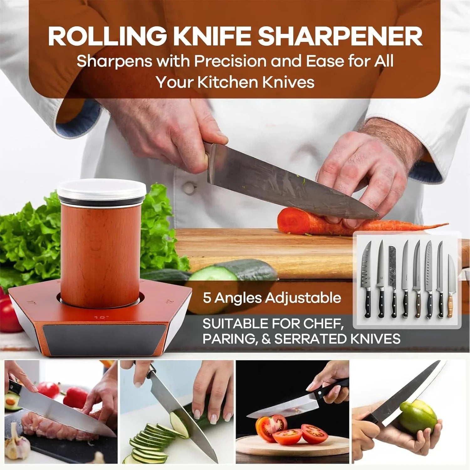 Rolling Knife Sharpener Kit with 5 Magnetic Angles (12°/15°/17°/19°/22°) for Chef & Home Kitchen Use