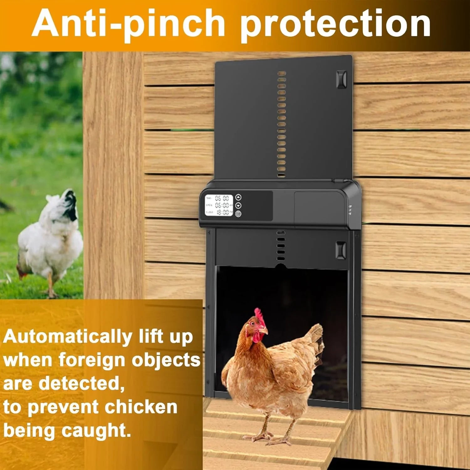 Automatic Chicken Coop Door with Timer & LCD Screen, Anti-Pinch Safety, Easy Battery Operation & Weatherproof for Outdoor Coops