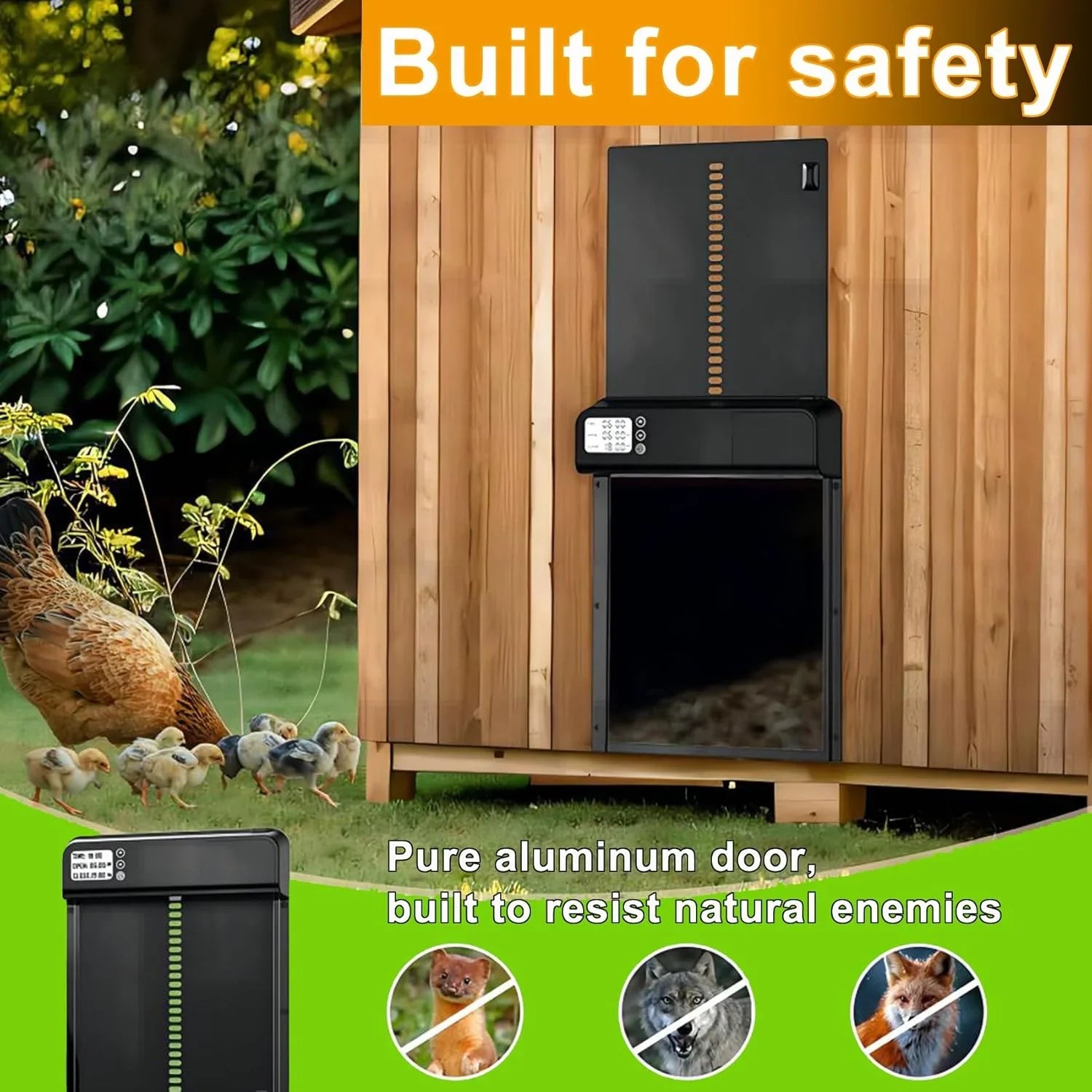 Automatic Chicken Coop Door with Timer & LCD Screen, Anti-Pinch Safety, Easy Battery Operation & Weatherproof for Outdoor Coops