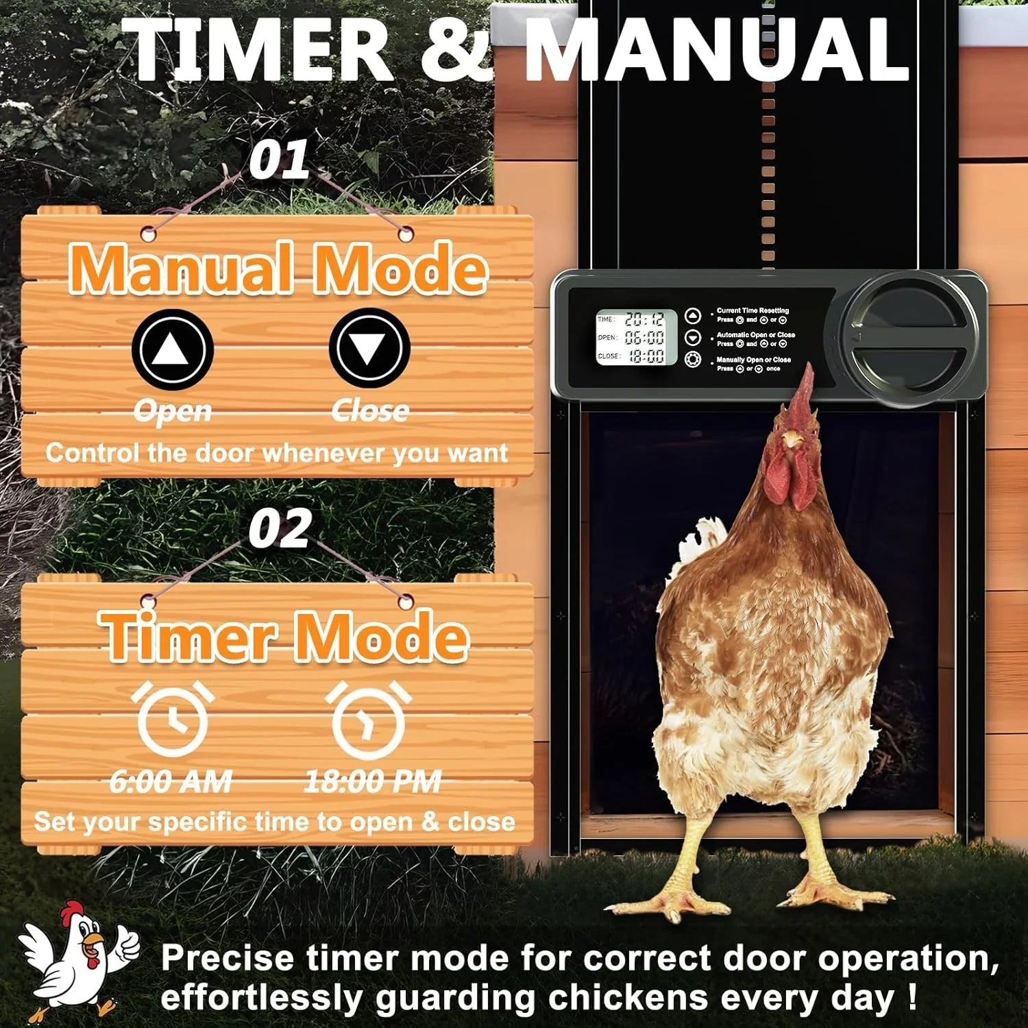 Automatic Chicken Coop Door Opener with Timer Control, Anti-Pinch Protection, LCD Display & Battery Powered for Backyard Chickens