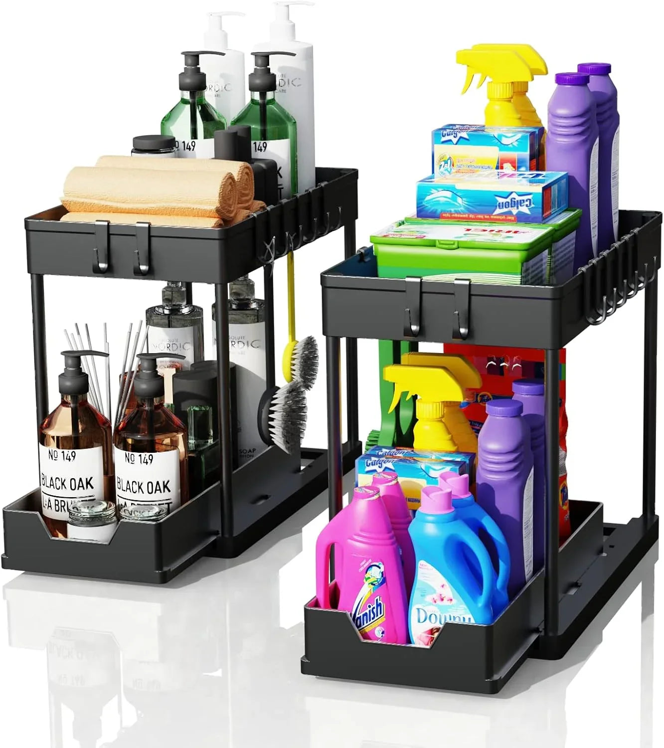2 Pack Under Sink Organizer with Pull-Out Basket and Hooks for Bathroom & Kitchen