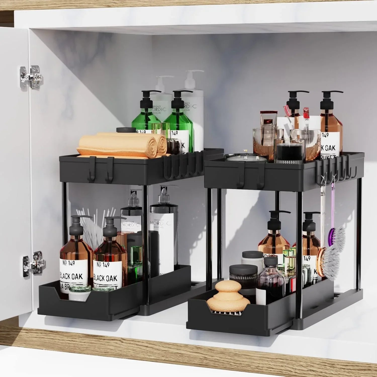 2 Pack Under Sink Organizer with Pull-Out Basket and Hooks for Bathroom & Kitchen