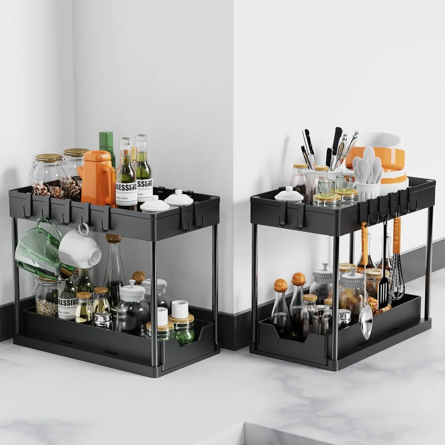 2 Pack Under Sink Organizer with Pull-Out Basket and Hooks for Bathroom & Kitchen