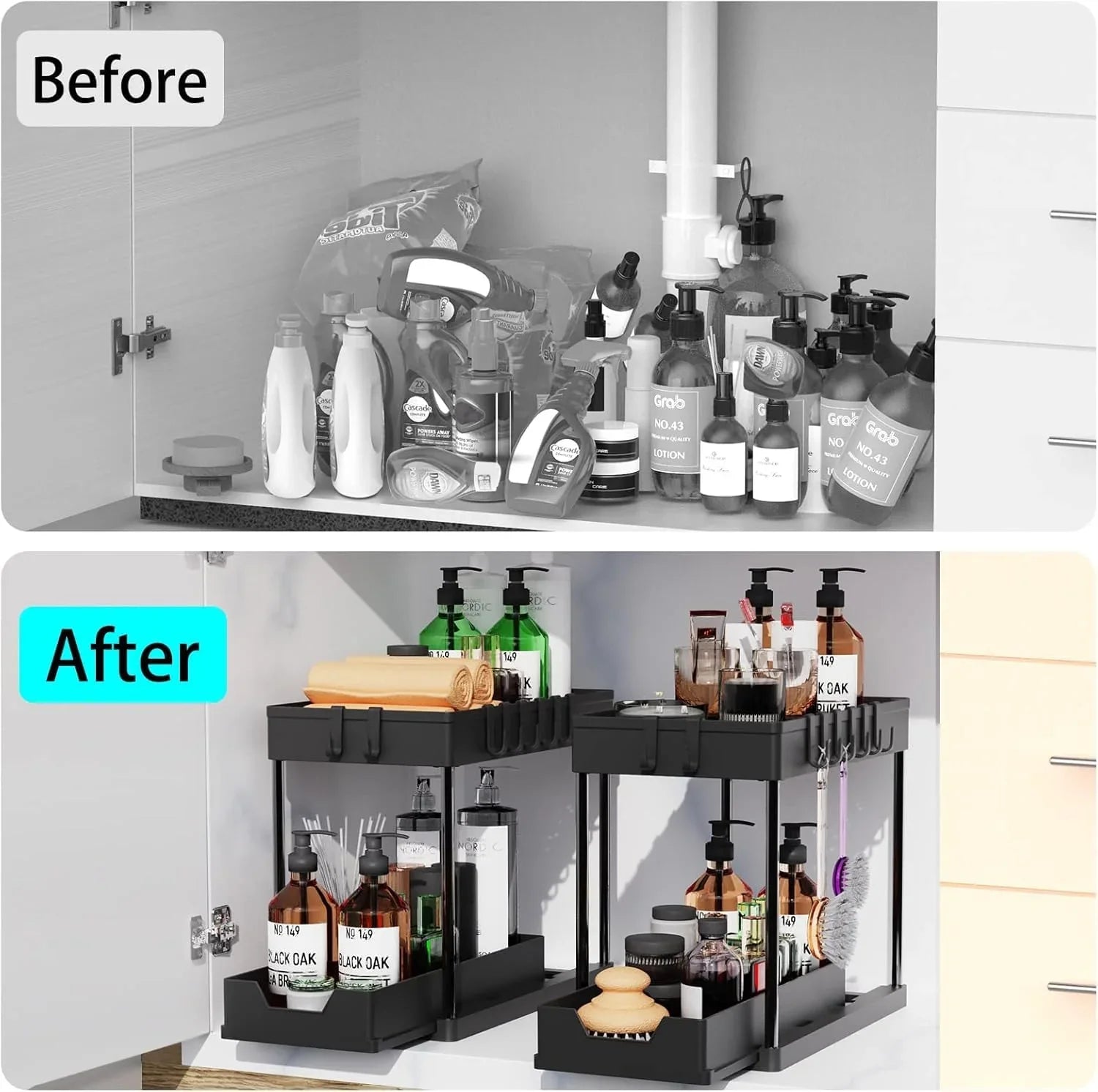 2 Pack Under Sink Organizer with Pull-Out Basket and Hooks for Bathroom & Kitchen