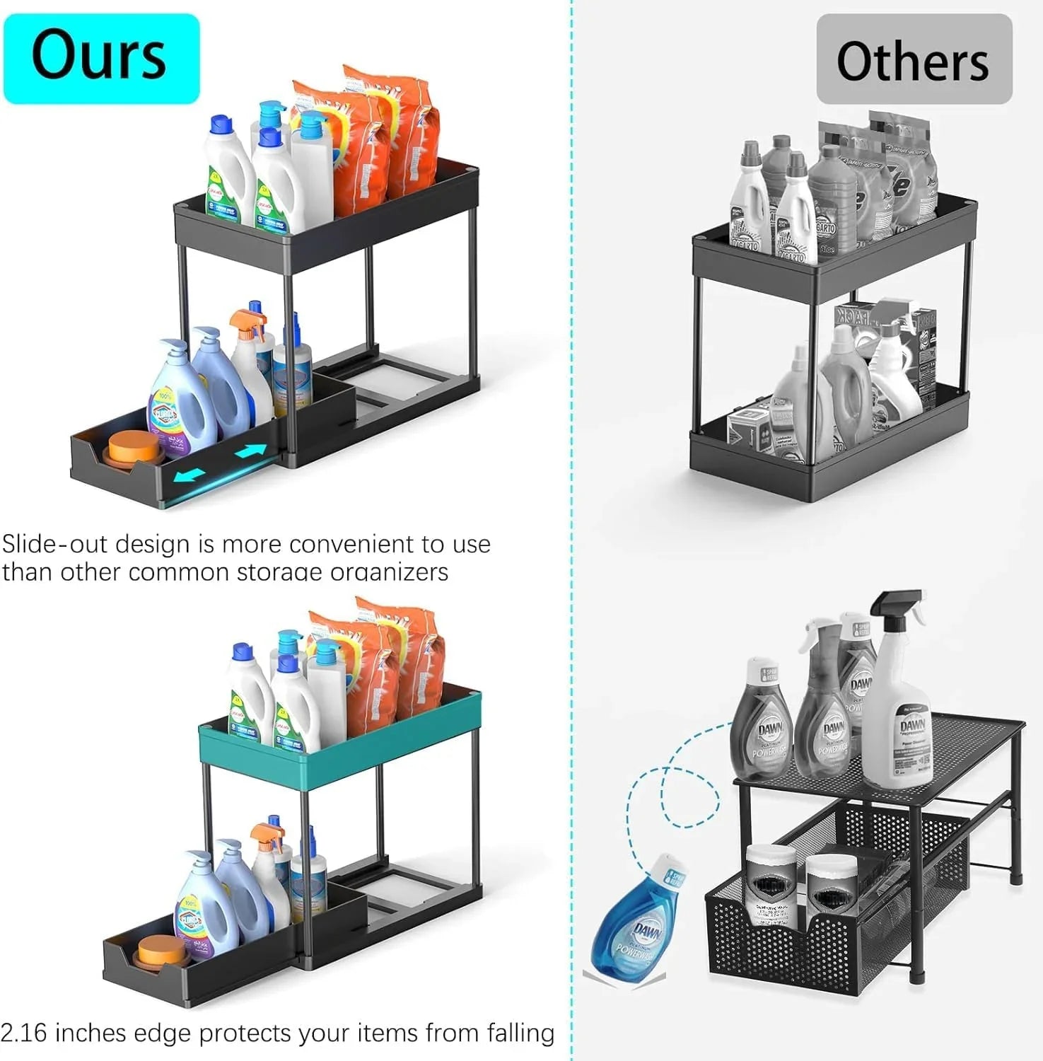 2 Pack Under Sink Organizer with Pull-Out Basket and Hooks for Bathroom & Kitchen