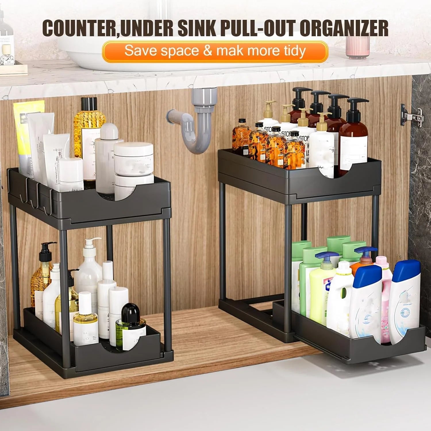 2 Pack Under Sink Organizer with Pull-Out Basket and Hooks for Bathroom & Kitchen