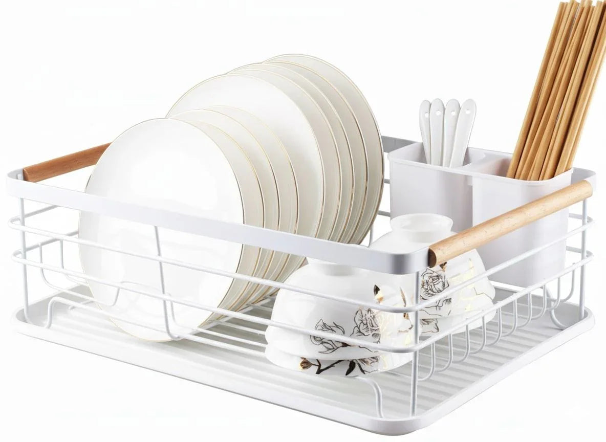 Dish Drying Rack Wooden Handles, Removable Cutlery Holder & Drainboard Kitchen Top