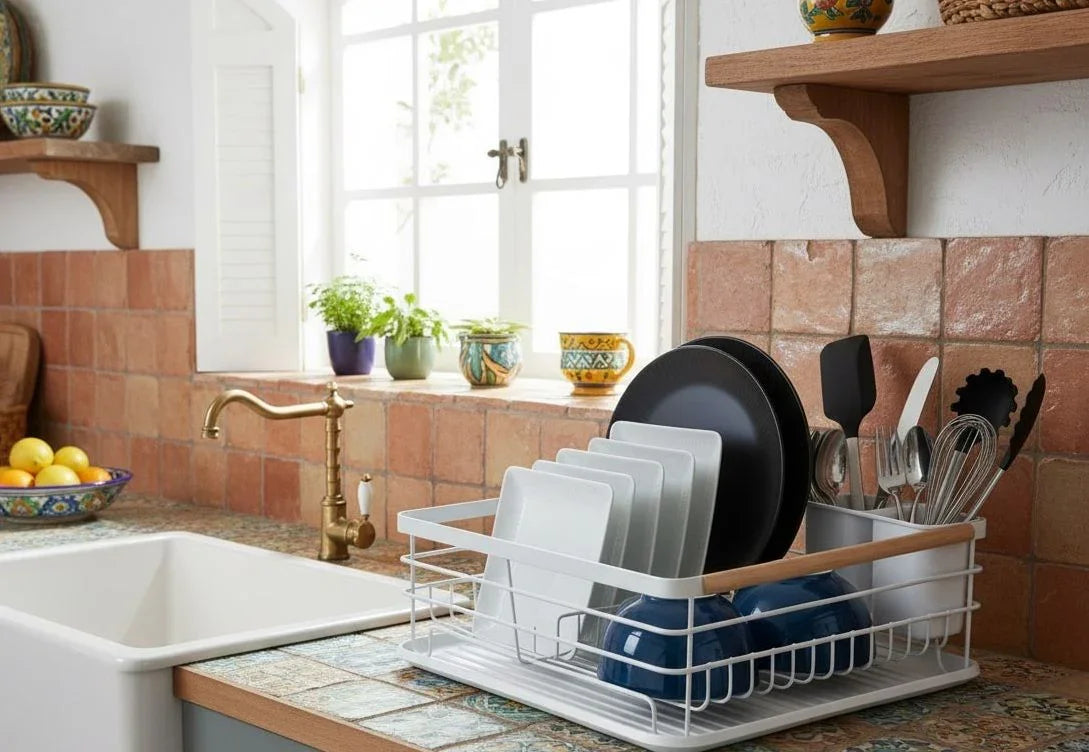 Dish Drying Rack Wooden Handles, Removable Cutlery Holder & Drainboard Kitchen Top