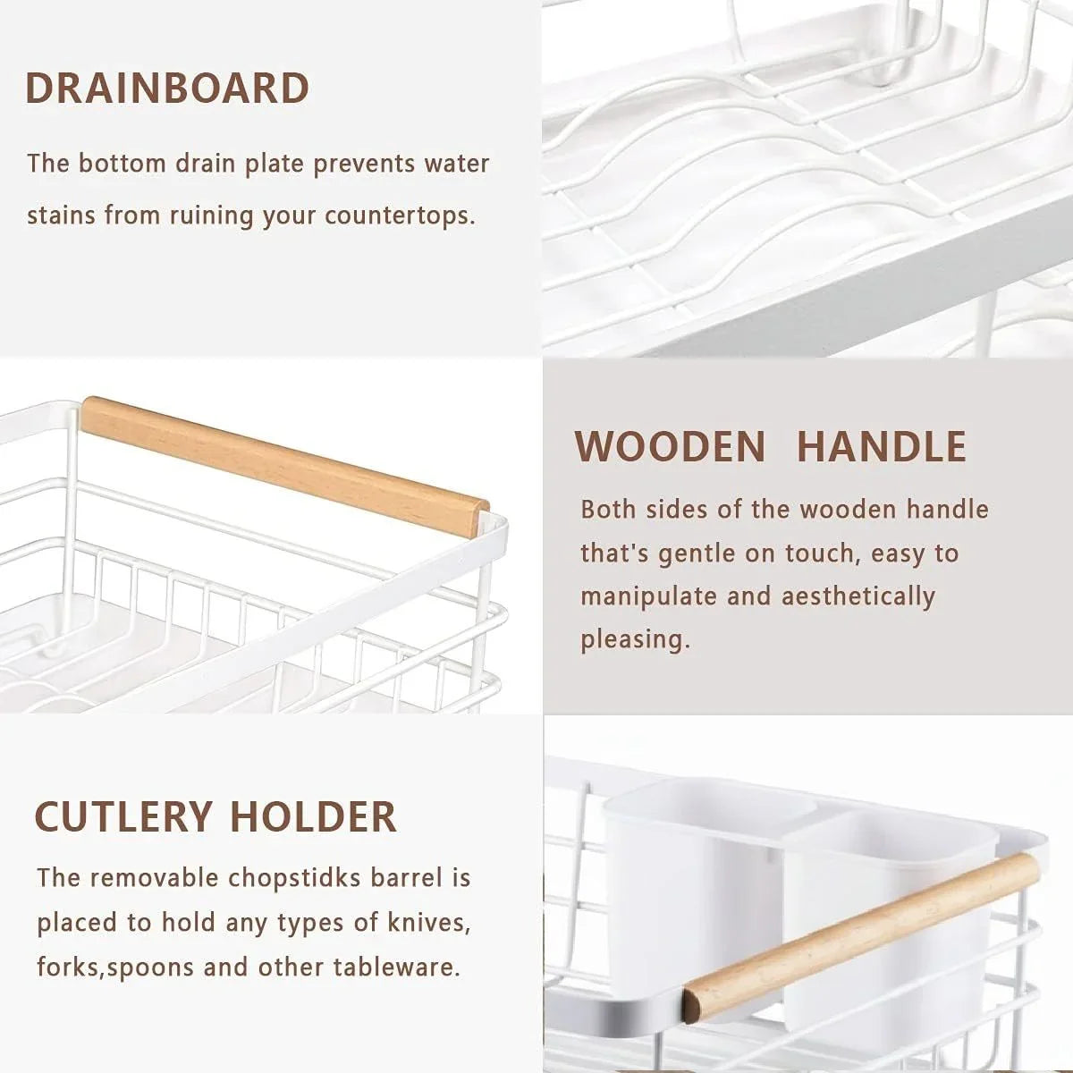 Dish Drying Rack Wooden Handles, Removable Cutlery Holder & Drainboard Kitchen Top