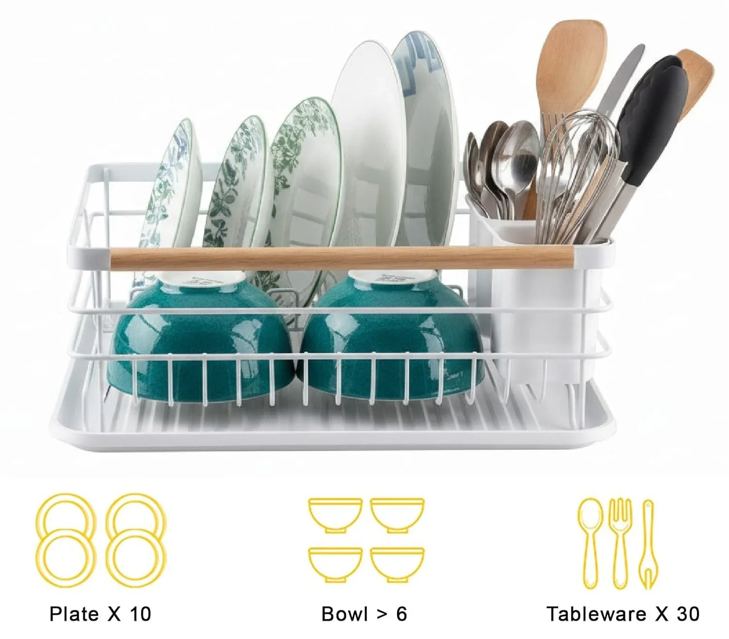 Dish Drying Rack Wooden Handles, Removable Cutlery Holder & Drainboard Kitchen Top