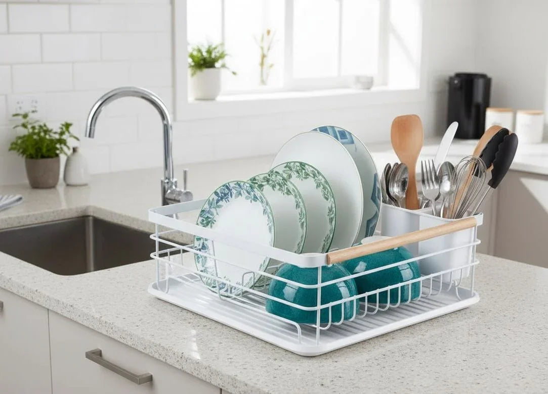 Dish Drying Rack Wooden Handles, Removable Cutlery Holder & Drainboard Kitchen Top