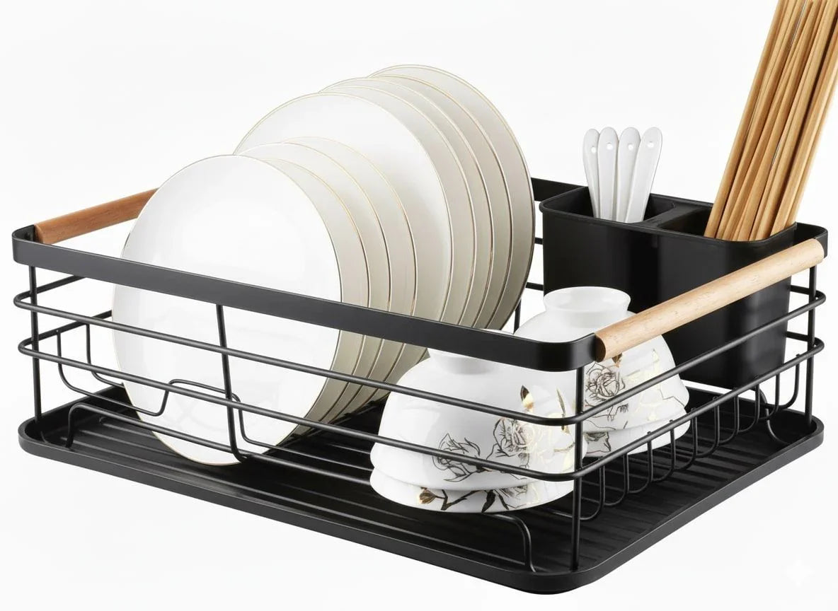 Dish Drying Rack Wooden Handles, Removable Cutlery Holder Drainboard Kitchen Countertop