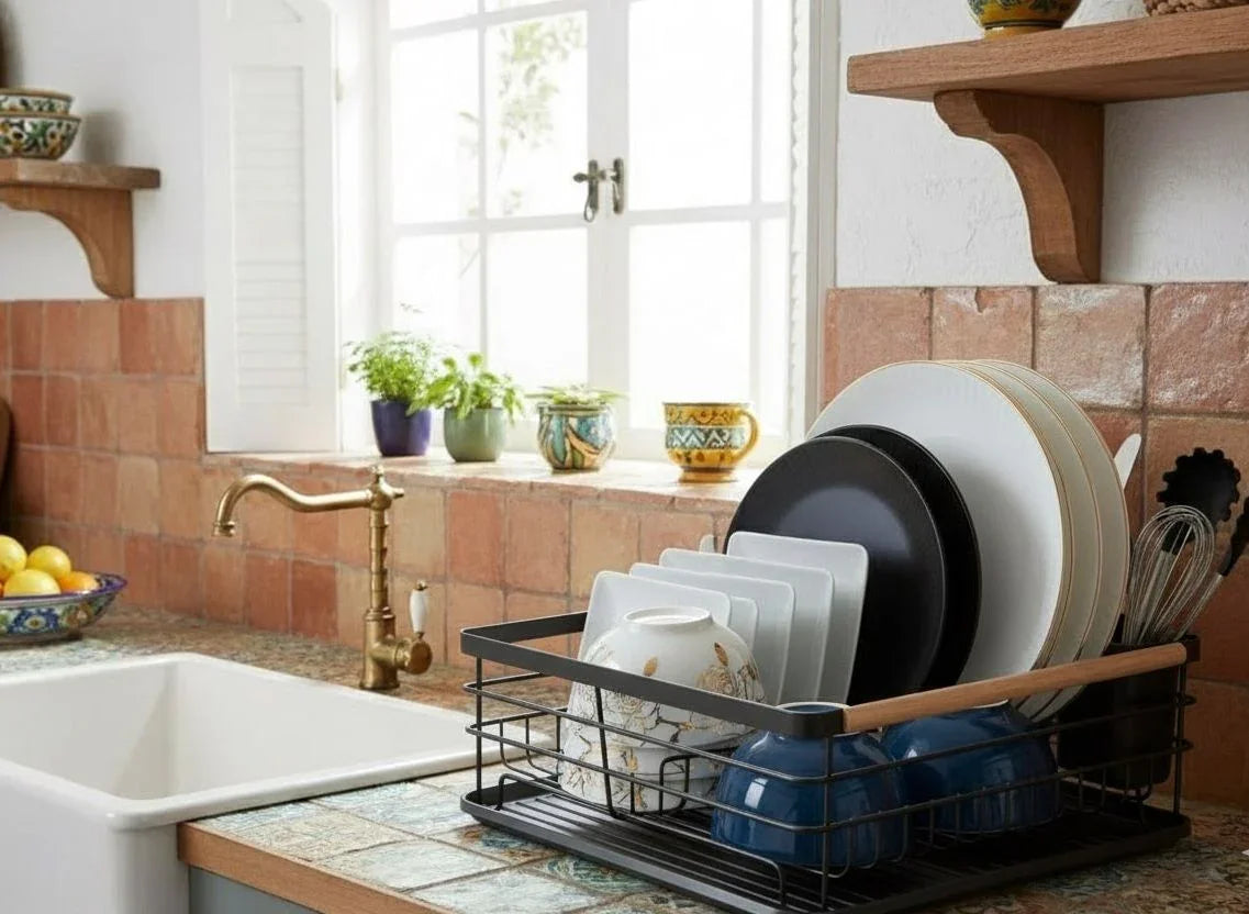 Dish Drying Rack Wooden Handles, Removable Cutlery Holder Drainboard Kitchen Countertop