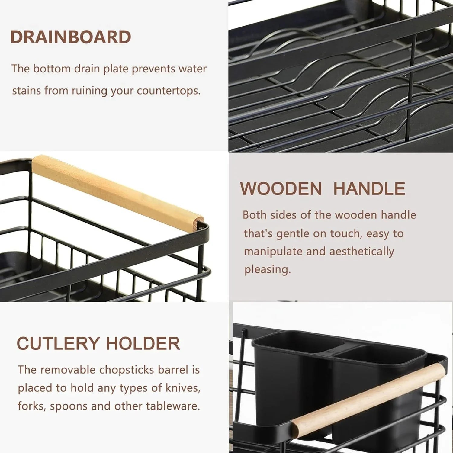 Dish Drying Rack Wooden Handles, Removable Cutlery Holder Drainboard Kitchen Countertop