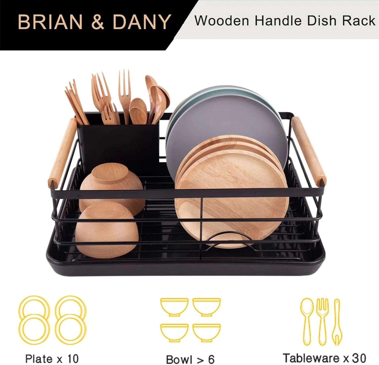 Dish Drying Rack Wooden Handles, Removable Cutlery Holder Drainboard Kitchen Countertop