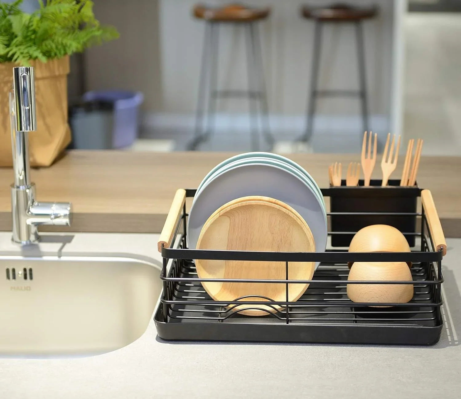 Dish Drying Rack Wooden Handles, Removable Cutlery Holder Drainboard Kitchen Countertop