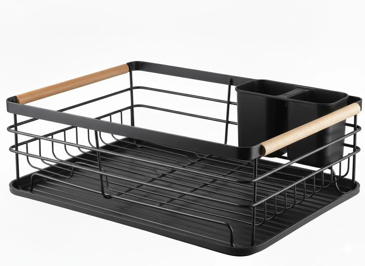 Dish Drying Rack Wooden Handles, Removable Cutlery Holder Drainboard Kitchen Countertop