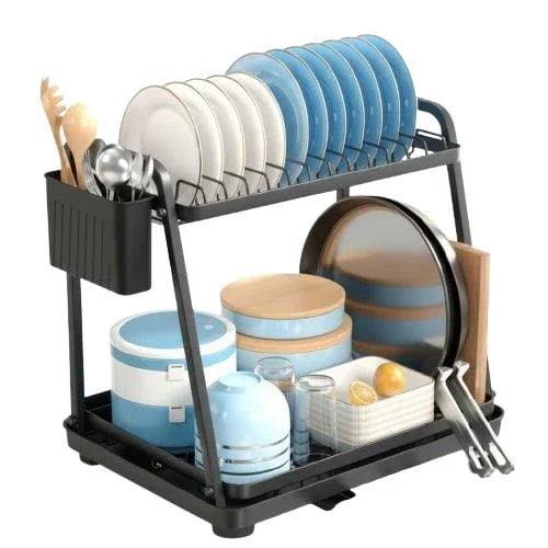 2-Tier Dish Drying Rack for Kitchen Countertop with Drainage Tray, Utensil Holder, Cutting Board Slot & Cup Hooks