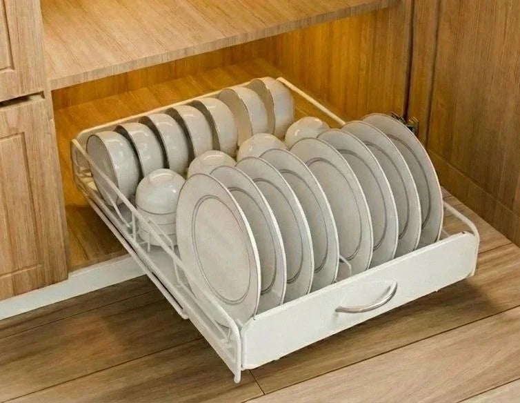 Pull Out Dish Rack for Kitchen Cabinet with Slide Out Drawer Organizer for Plates, Bowls & Utensils