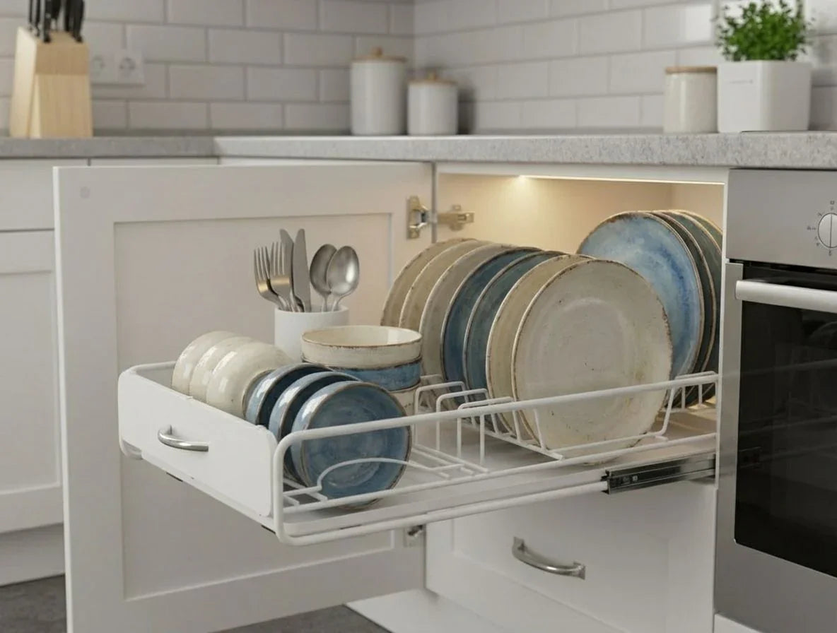 Pull Out Dish Rack for Kitchen Cabinet with Slide Out Drawer Organizer for Plates, Bowls & Utensils