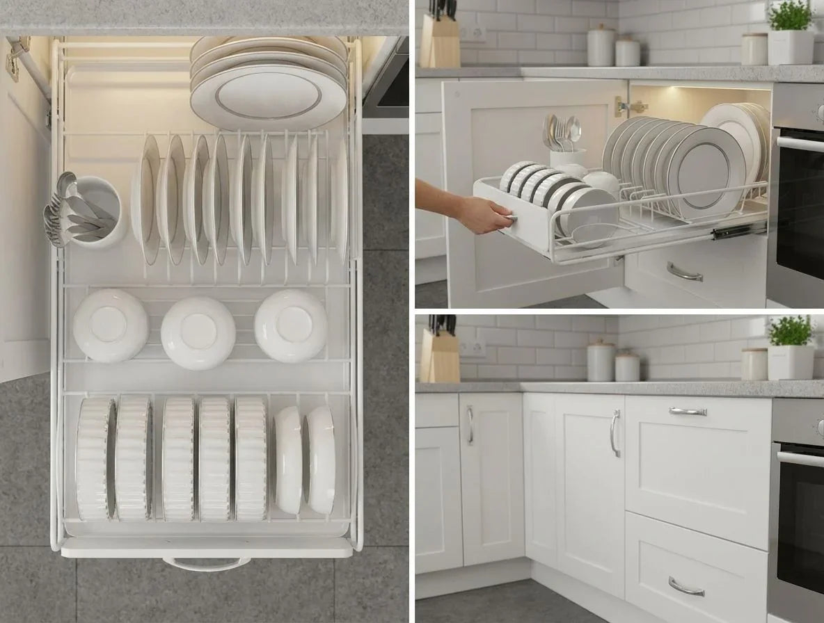 Pull Out Dish Rack for Kitchen Cabinet with Slide Out Drawer Organizer for Plates, Bowls & Utensils