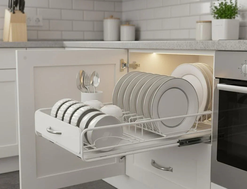 Pull Out Dish Rack for Kitchen Cabinet with Slide Out Drawer Organizer for Plates, Bowls & Utensils
