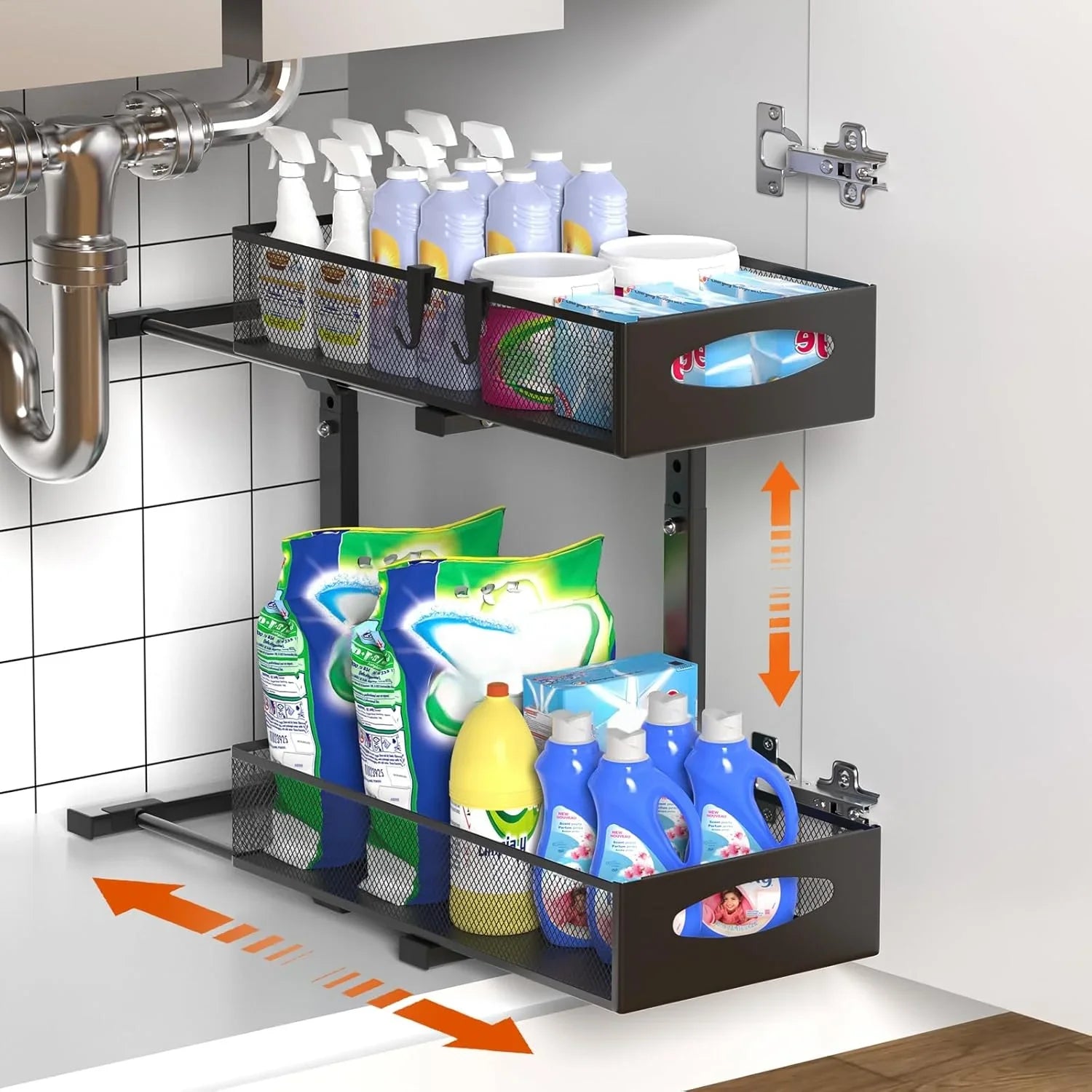 2 Tier Under Sink Organizer Pull Out Sliding Cabinet Storage Shelf with Height Adjustable for Kitchen, Bathroom or Laundry Room (Black)