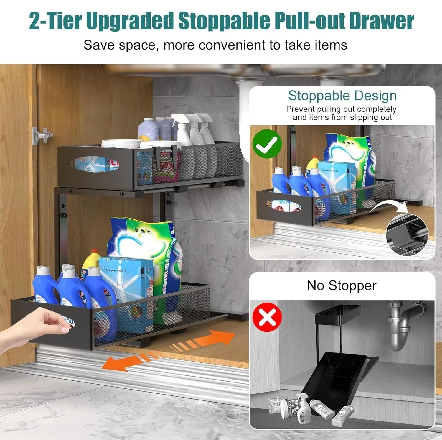 2 Tier Under Sink Organizer Pull Out Sliding Cabinet Storage Shelf with Height Adjustable for Kitchen, Bathroom or Laundry Room (Black)