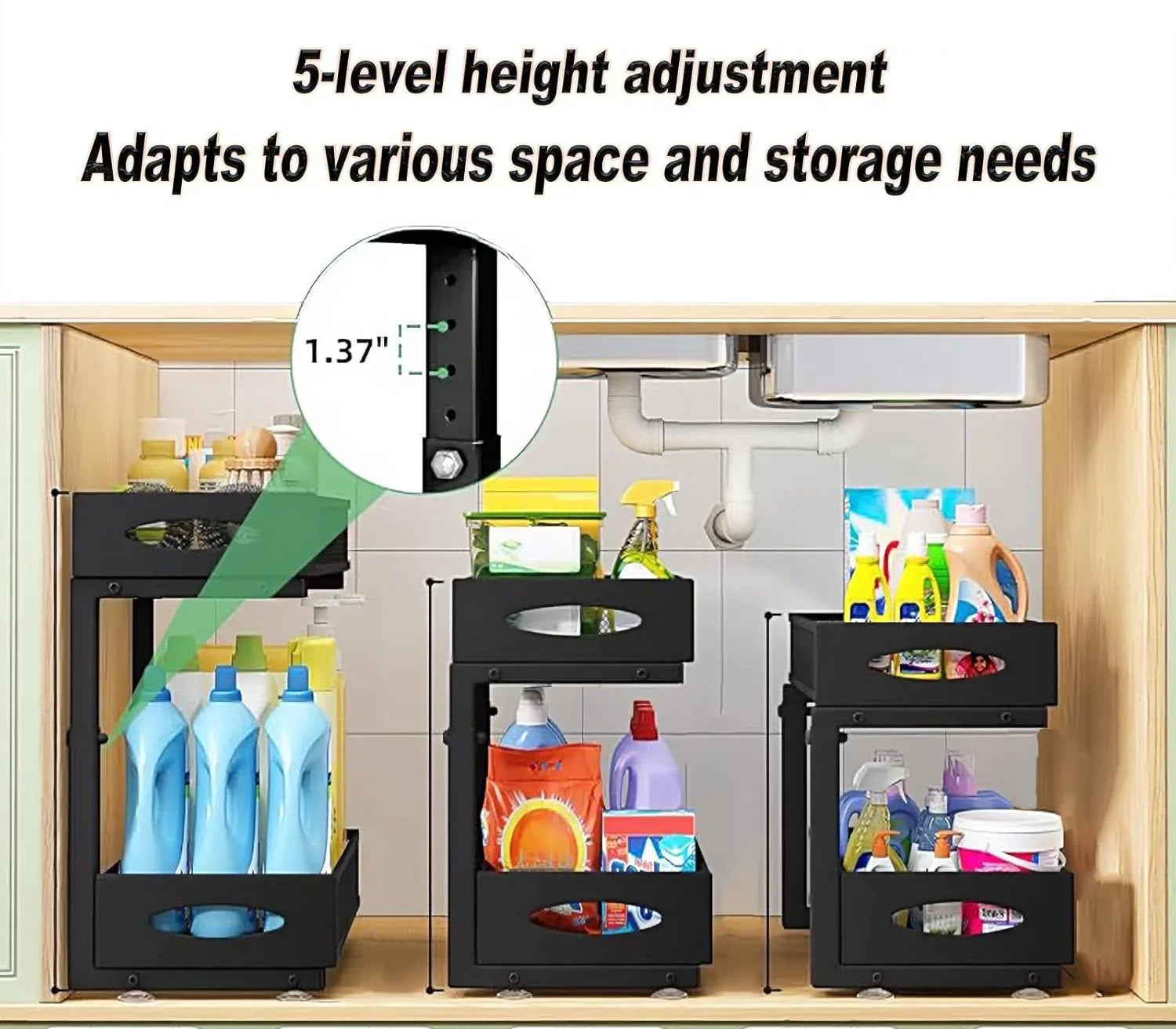 2 Tier Under Sink Organizer Pull Out Sliding Cabinet Storage Shelf with Height Adjustable for Kitchen, Bathroom or Laundry Room (Black)