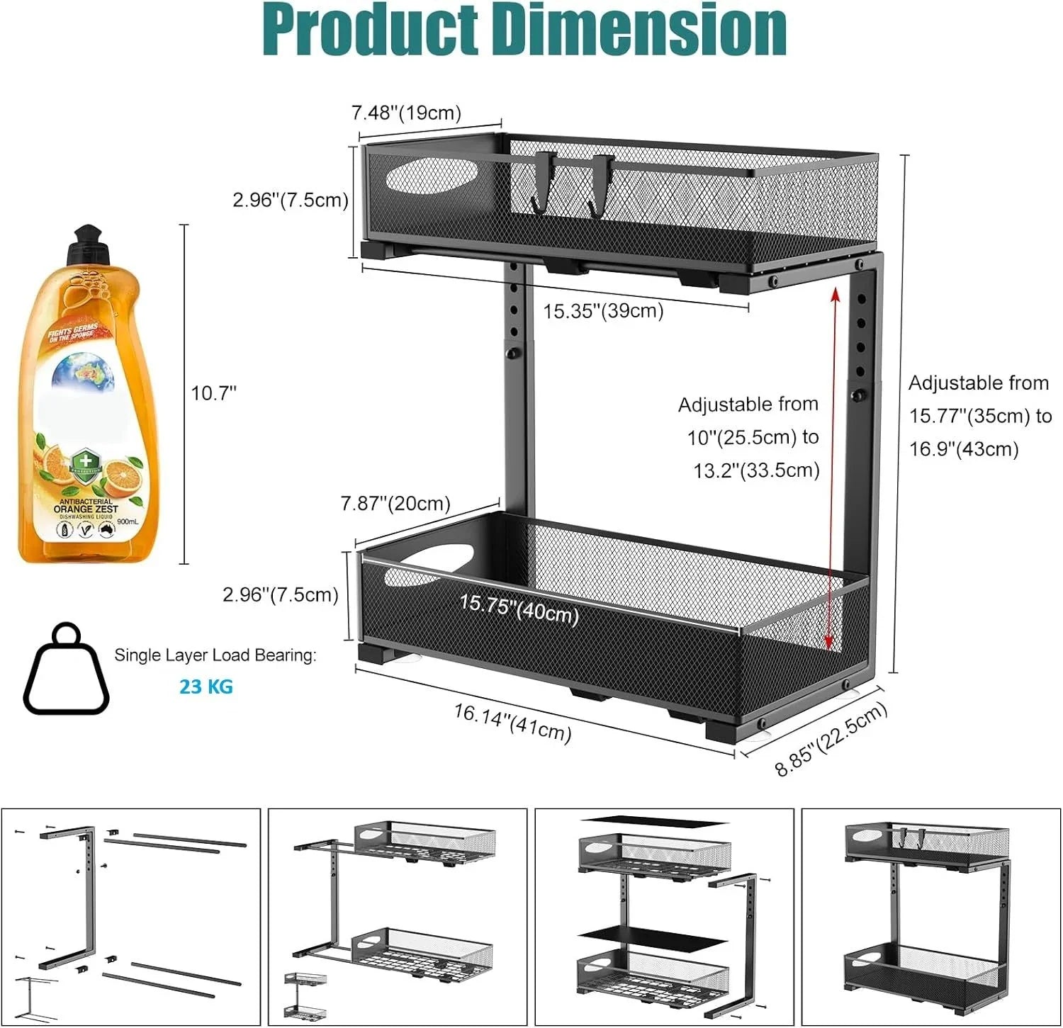 2 Tier Under Sink Organizer Pull Out Sliding Cabinet Storage Shelf with Height Adjustable for Kitchen, Bathroom or Laundry Room (Black)