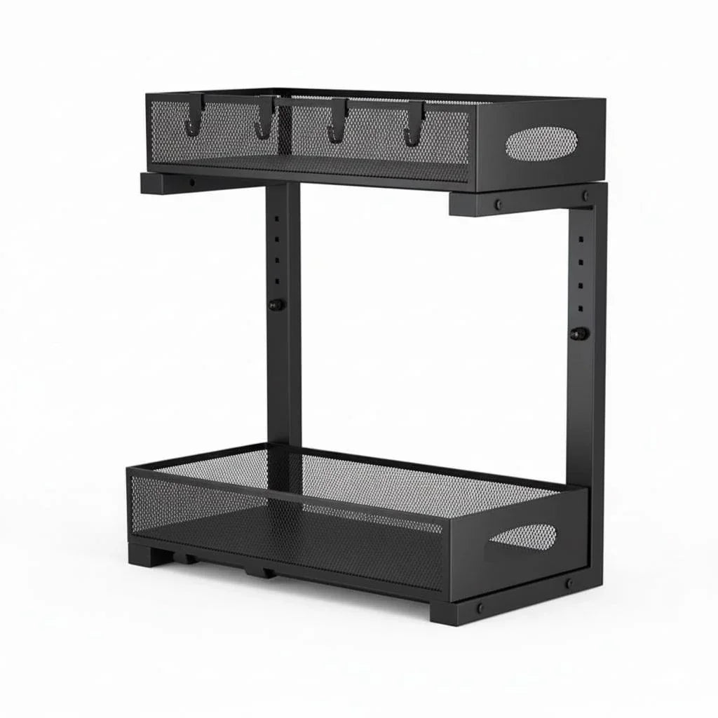 2 Tier Under Sink Organizer Pull Out Sliding Cabinet Storage Shelf with Height Adjustable for Kitchen, Bathroom or Laundry Room (Black)