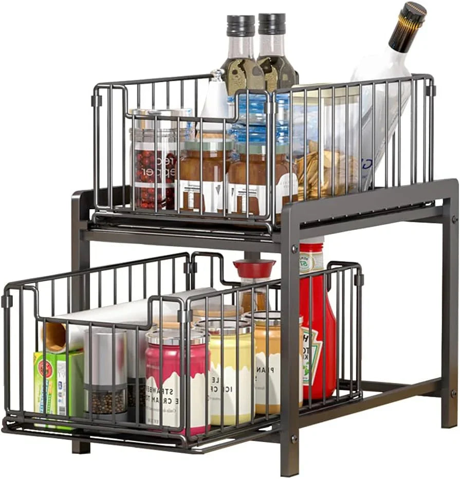 2 Tier Sliding Cabinet Organizer Drawer Storage Rack for Kitchen or Bathroom