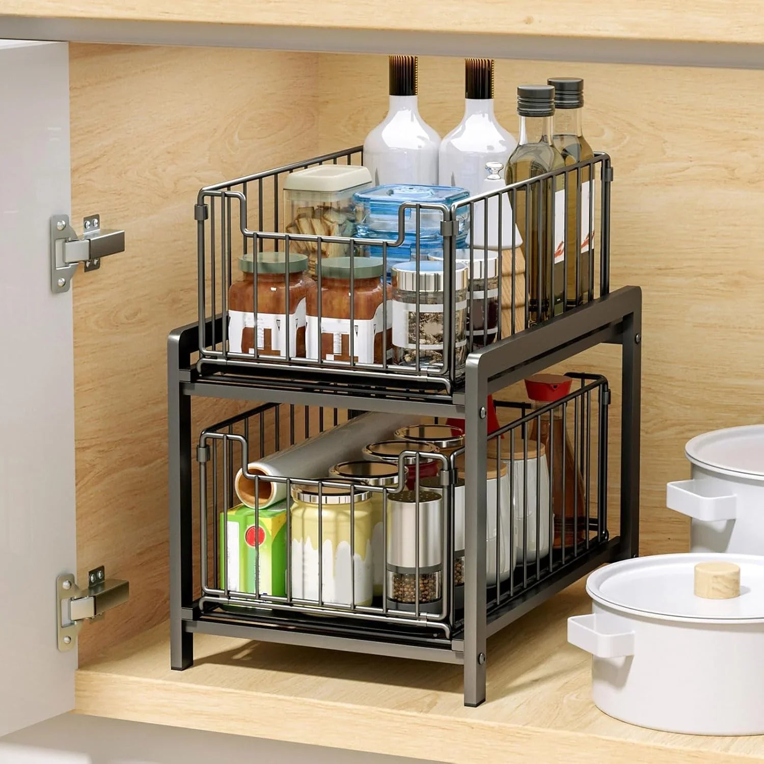 2 Tier Sliding Cabinet Organizer Drawer Storage Rack for Kitchen or Bathroom